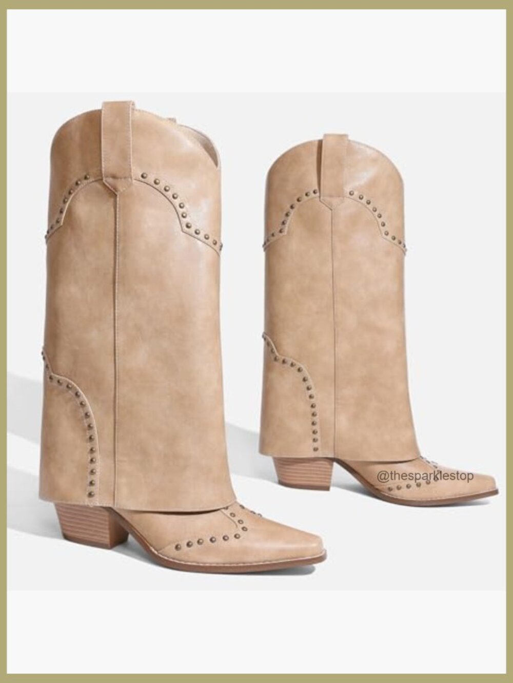 Faux Leather Snip Toe Fold Over Chunky Heel Pull On Cowboy Studded Boots - Picture 5 of 7